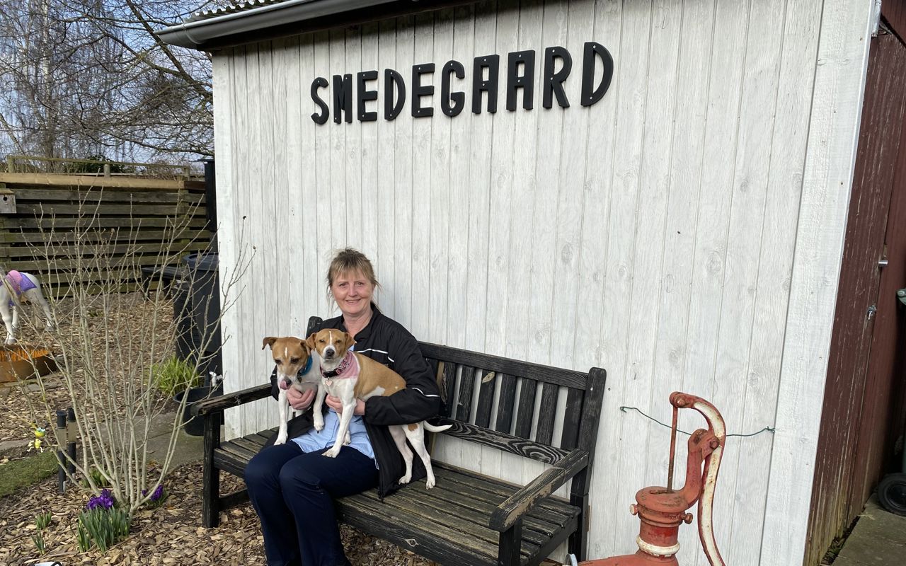 HELLE SMEDEGAARD PÅ SIN TÆNKEBÆNK MED HUNDENE RITA OG NIMBUS