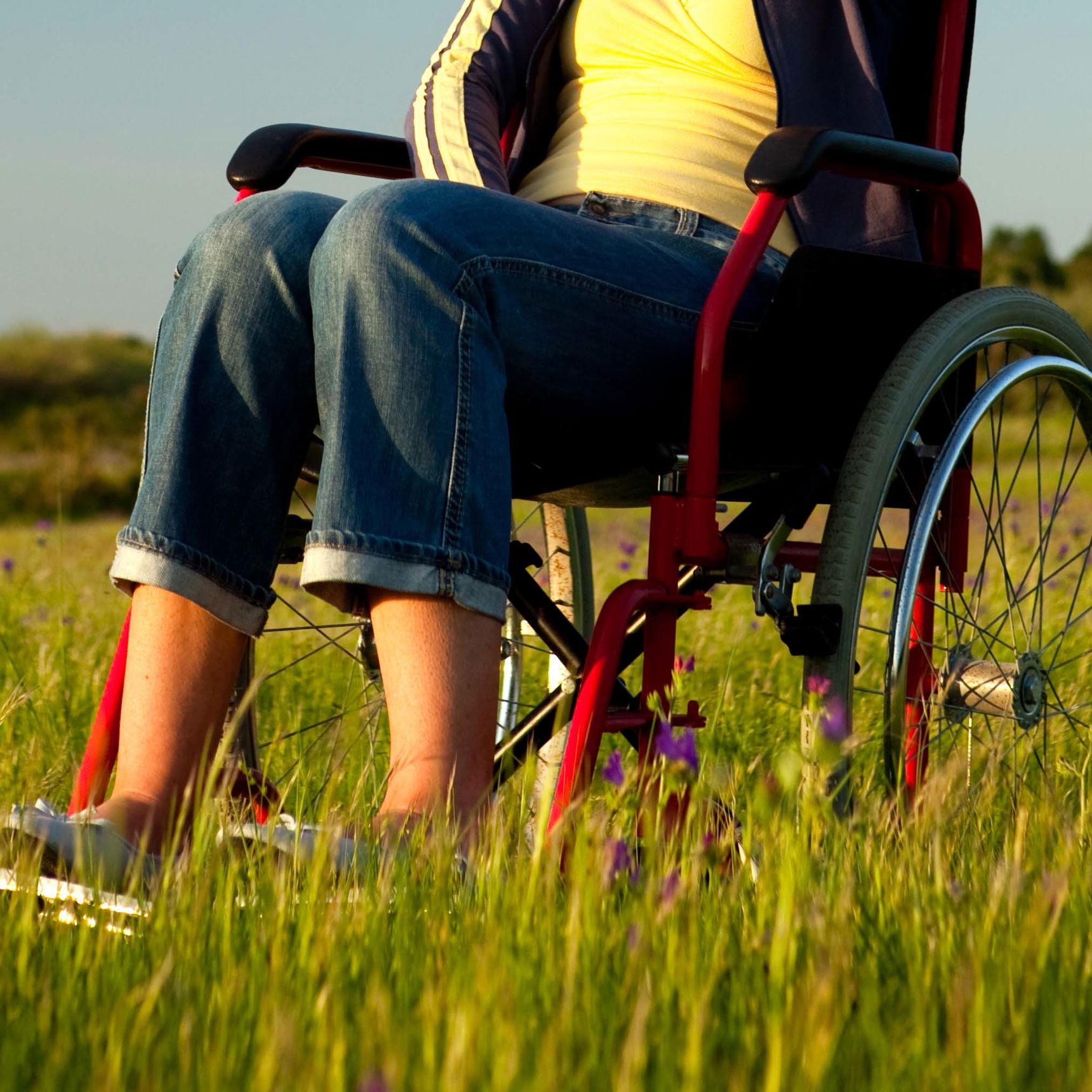 Person i kørestol på græseng