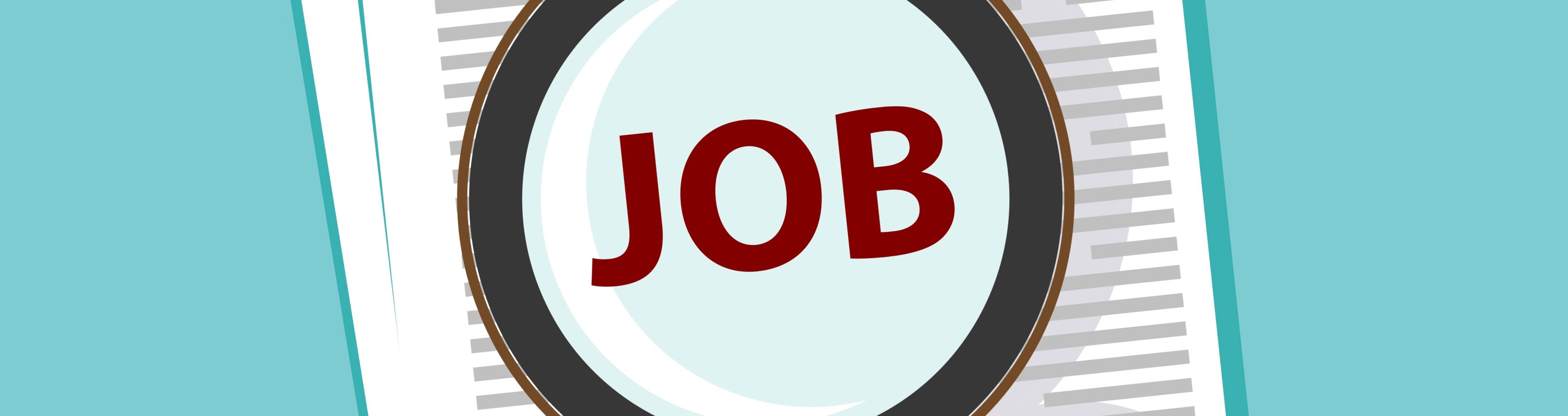 Tegning af papirer med lup. I luppen står der "Job".