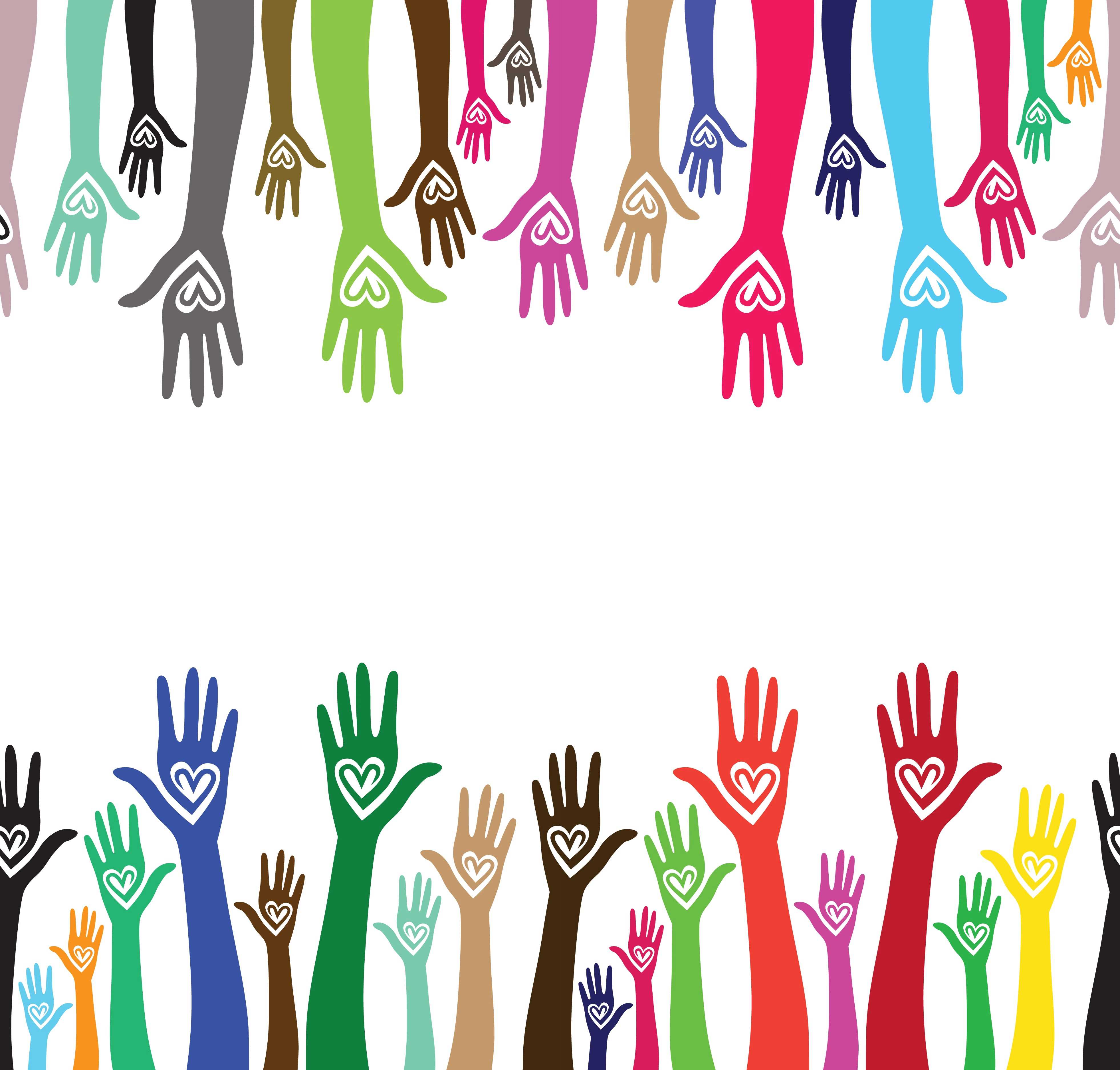 En masse hænder, der rækker fra bunden og toppen af billedet. De er alle forskellige farver og har alle et hjerte i hånden.