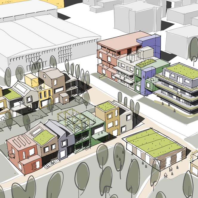 Illustration af hvordan området ved selvbyg boligerne kan se ud